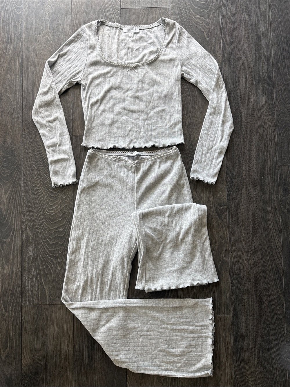 Women’s Ribbed Long Sleeve Pajama Set - Light Gray